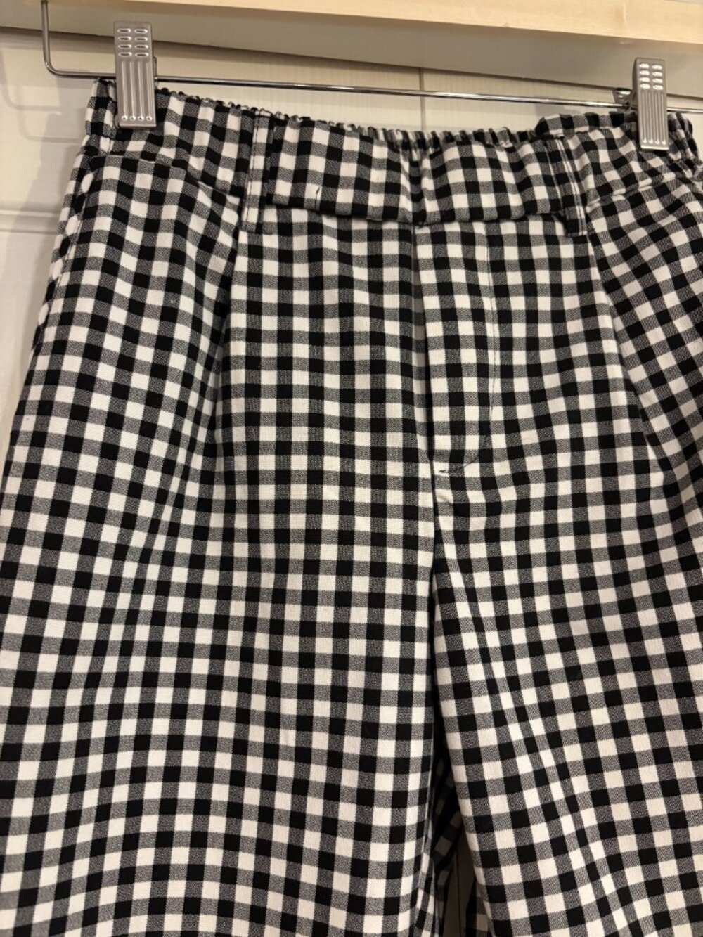 Bershka Elastic Waist Pull On Cropped Gingham Pants Black & White S Cuffed - Picture 3 of 8